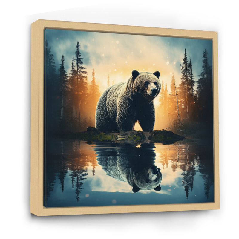 «Double Exposure Bear», art mural grand ours, H 30 po x l 30 po x P 1 po, Cadre flottant érable