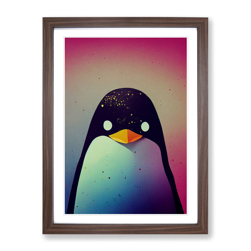 Penguin In Colour No.3 - Print, Walnut Picture Frame, White, 64cm H x 46cm W