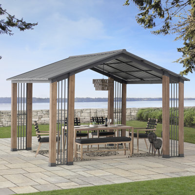 Pavillon de jardin d'extérieur en bois avec cadre en cèdre 11 x 13 pi avec toit rigide en acier noir pour activités de patio, jardin, cour et pelouse Clint