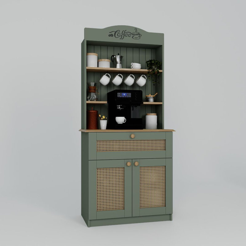 Modern Coffee Stand, Solid Green Color, 70.9 x 29.5 x 16.5 inches | 100% Melamine Coated Particle Board, Thickness: 0.7 inches | Numerous Shelves, Wall-Mountable Design, Perfect for Scandinavian Style Interiors