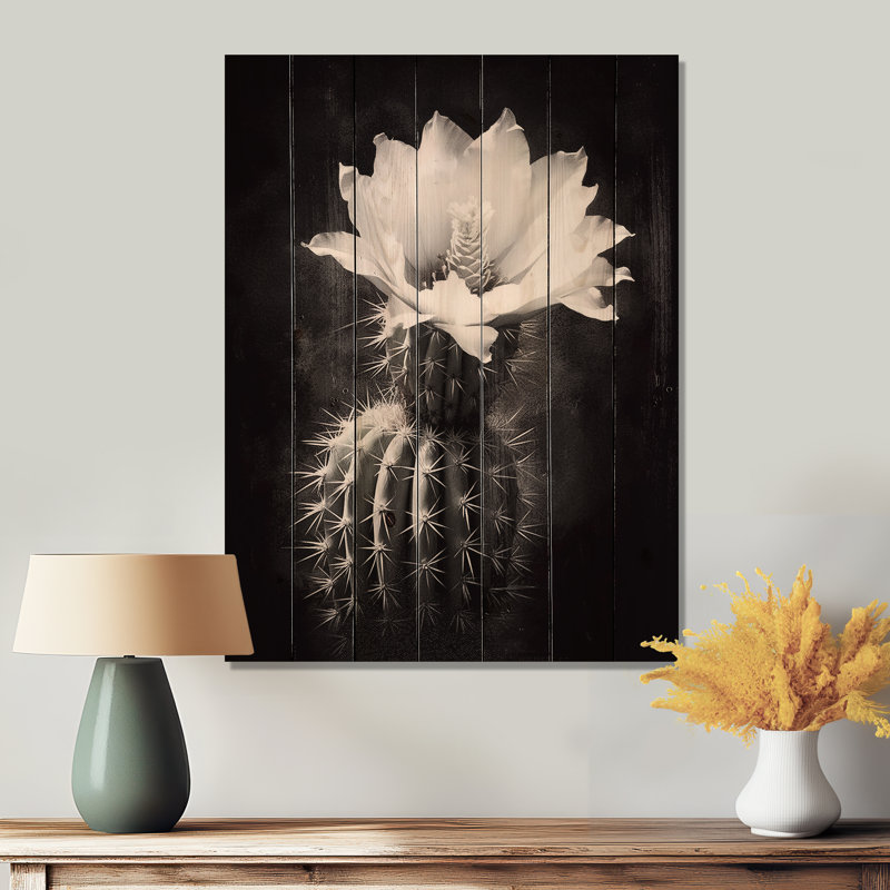 Cactus noir et blanc avec collage minimaliste sur bois, H 32 po x l 24 po x P 0,78 po