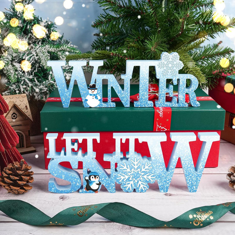 Plaque en bois «Let It Snow» - Bleu et blanc - Décoration de table flocon de neige pour la maison, le bureau, une tablette ou un manteau de cheminée