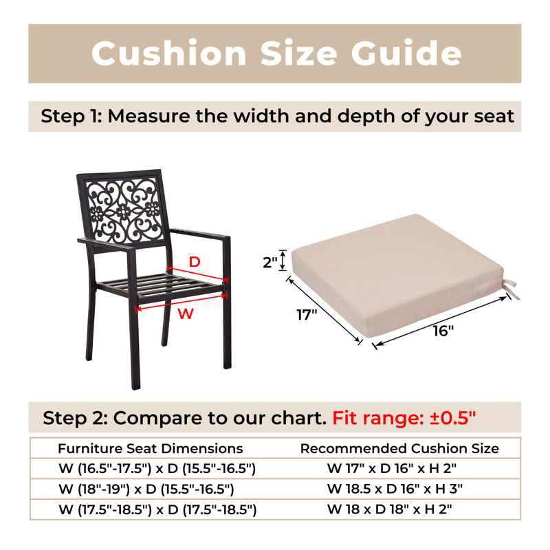 Coussin de siège d'extérieur carré imperméable pour meubles de patio, 17 x 16, ensemble de 2, 2", L 17 po x P 16 po