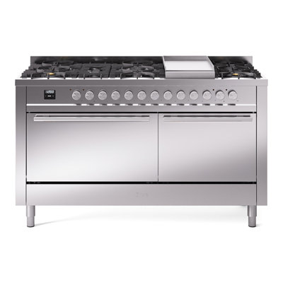 Cuisinière à double combustible ILVE Professional Plus II Series 60 po avec 9 brûleurs scellés et plaque de cuisson (gaz naturel, porte pleine)