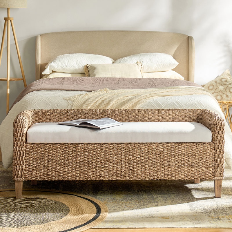 Anesty 57.25" Boho Wicker Upholstered Storage Bench