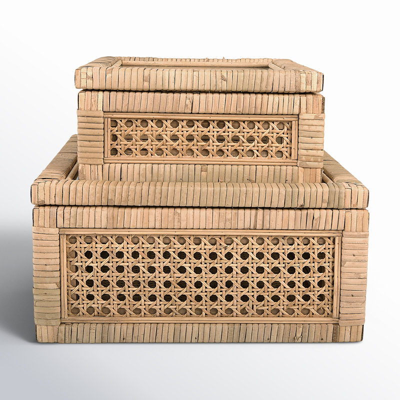 Edelie Woven Cane and Glass Decorative Box (Set of 2), Natural, 6" H x 12" W x 12" D