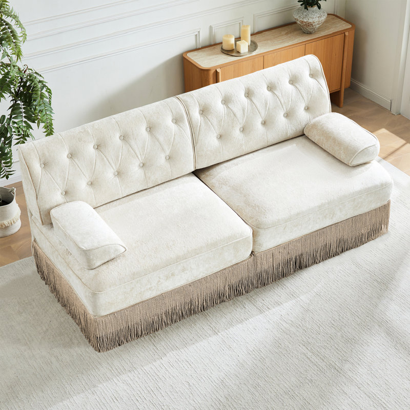 Style fait de velours doux, bouton avec frange à pampille, combinaison pour la configuration de la chambre à coucher, frange de velours beige et capitonnage, aires de repos faciles à assembler