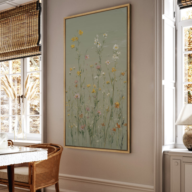 Douces fleurs de prairies pastel douces sur fond vert clair - reproduction d'art sur toile encadrée, Naturel