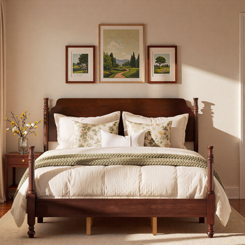 Lit plateforme rétro avec pieds tournés classiques et poteaux tournés, Queen, Dark Walnut