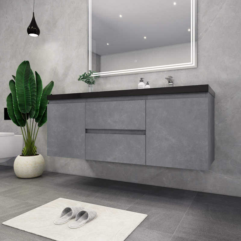 Castin 60" Wall-Mounted Single Right Sink Bathroom Vanity Set, Cement Gray