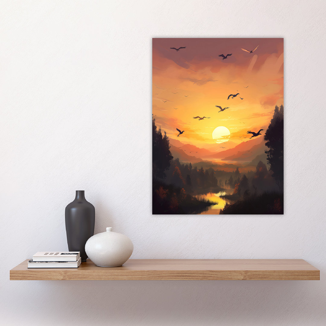 Wall Art Print Flock of Cranes Flying Against a Sunset Sky Atmospheric Painting Birds Flying over Forest in a Tranquil Mountain River Landscape Poster