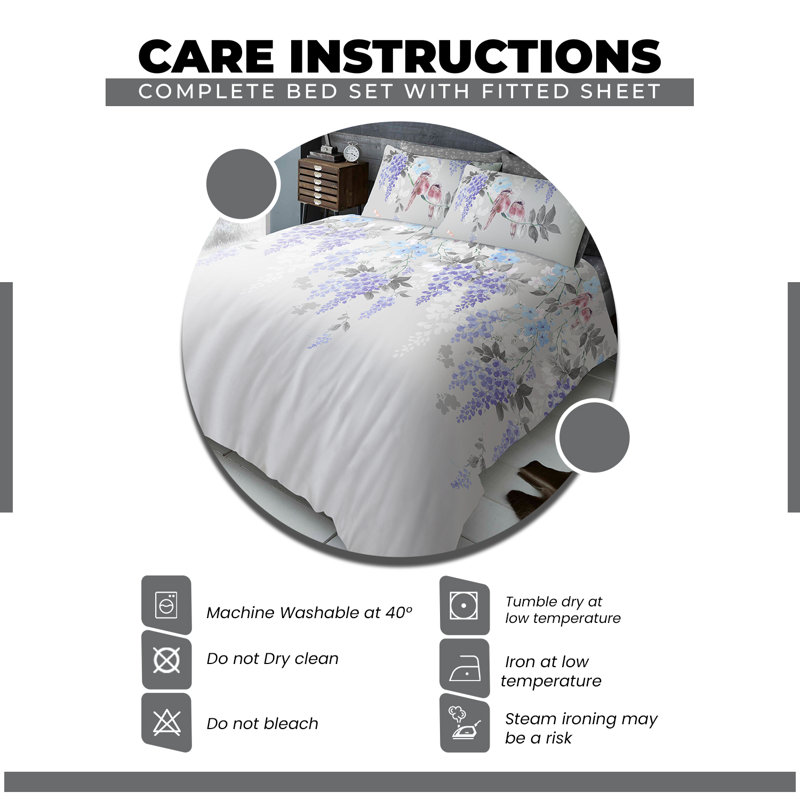Botanical Complete Bed Set Polycotton Bedding with Duvet Cover Fitted Sheet & Matching Pillowcases Soft Easy Care Bed Set