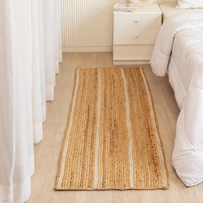 Tapis de couloir en jute tressé épais avec pompons | 60 x 180 cm | Blanc cassé