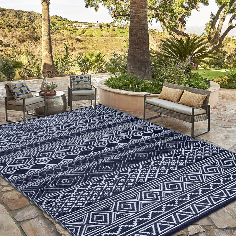 Tapis d'extérieur Boho en plastique avec paille Boho, Bleu / blanc, Rectangulaire 8 pi x 10 pi