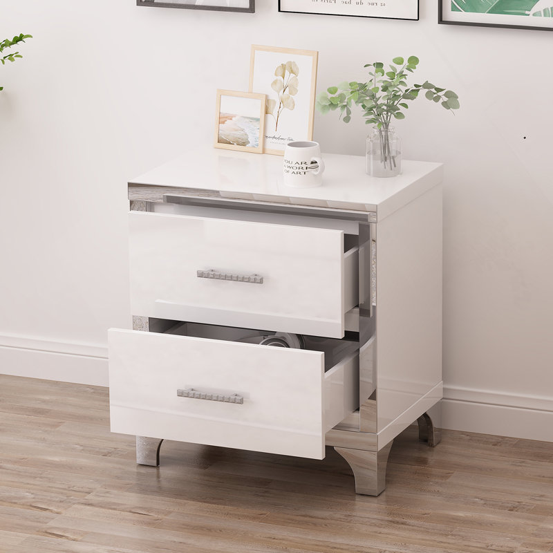 Elegant High Gloss Nightstand With Metal Handle, White