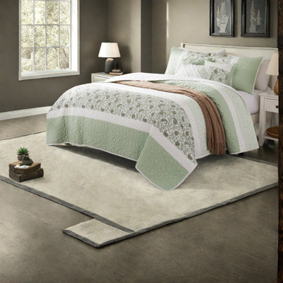-piece Cotton Bedding Sets, Sage Green Quilt With Decorative Pillows, Farmhouse Style