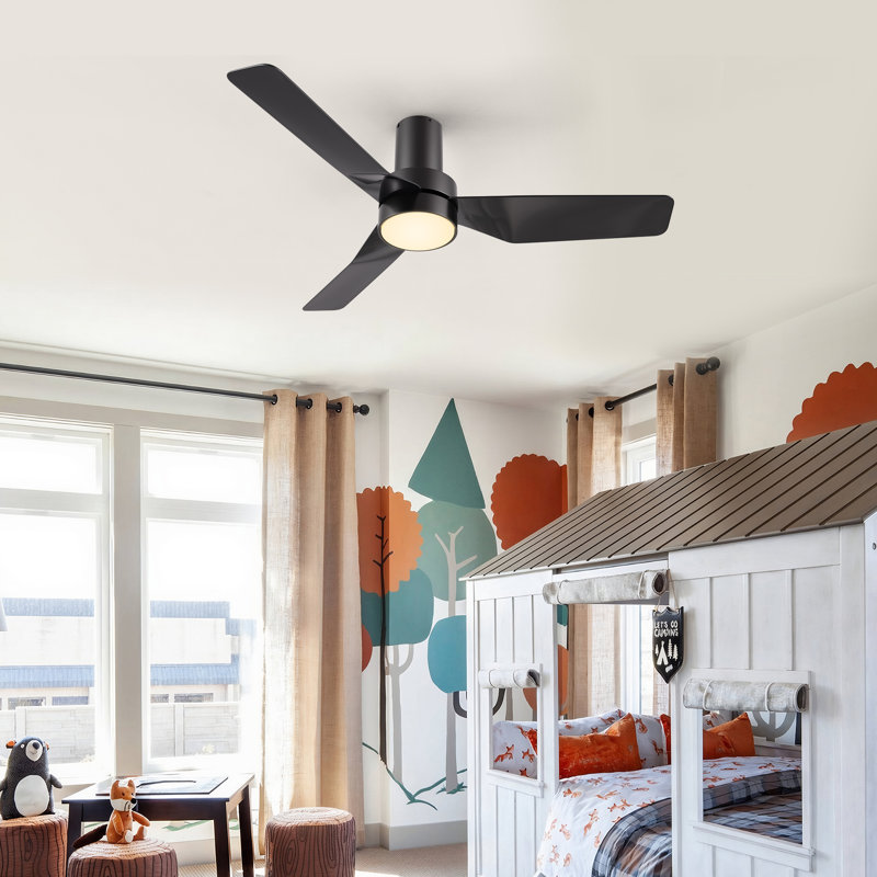 44"  DC Motor 3 - Blade LED Flush Mount Ceiling Fan with Remote Control and Light Kit Included, Black