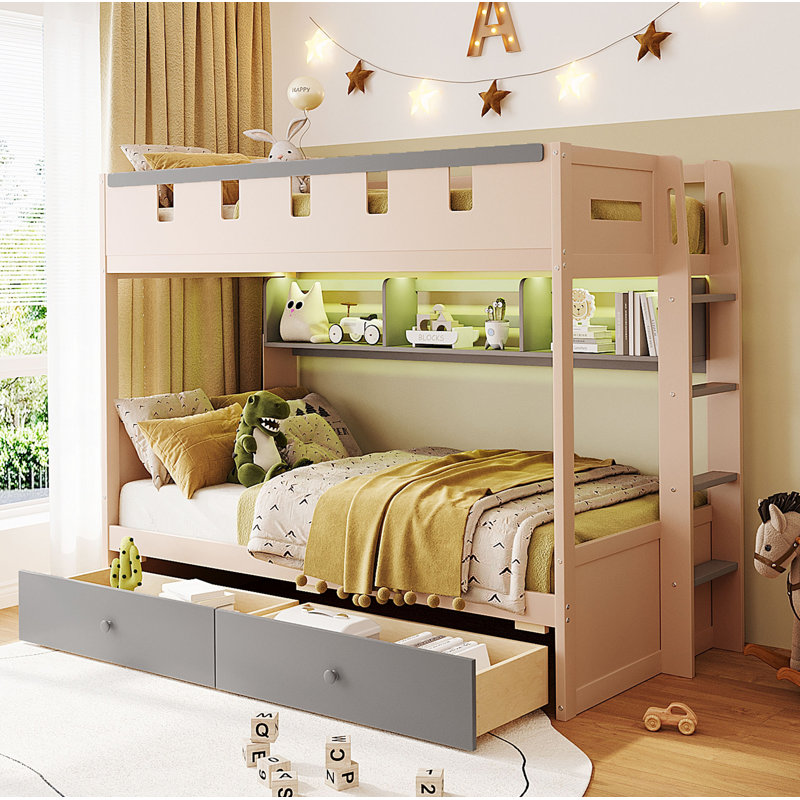 Lit simple superposé de style château avec 2 tiroirs, tablette et DEL, gris et rose antique, Pink+Grey