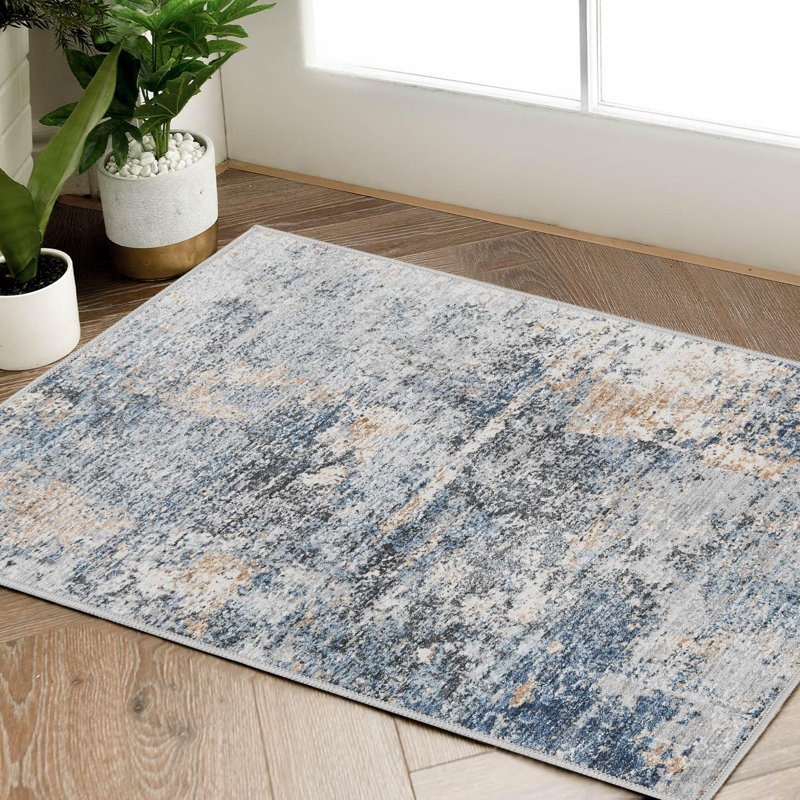 Abstract Non-Slip Machine Washable Blue Area Rug, Rectangle 2' x 3'
