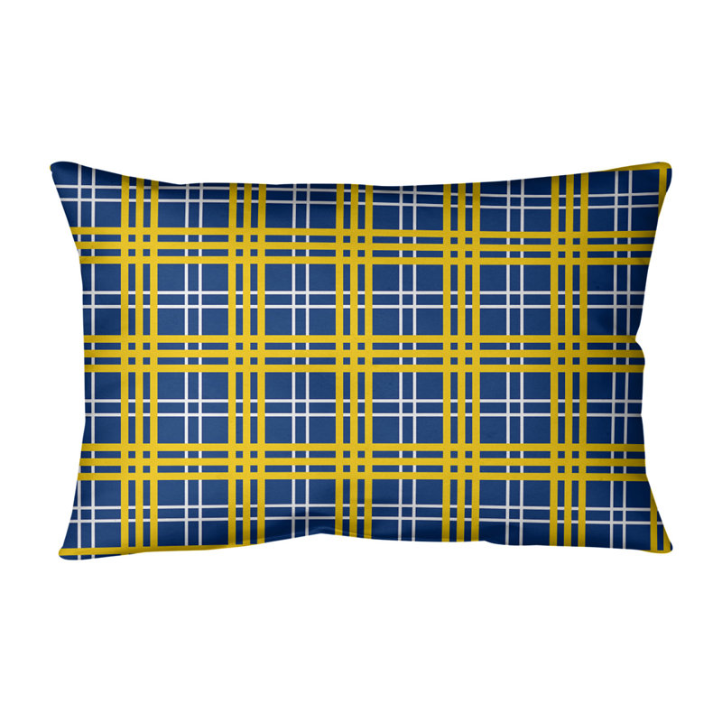 Plaid Leather/Suede Reversible Throw Pillow, Royal Blue/White/Gold, Leather/Suede