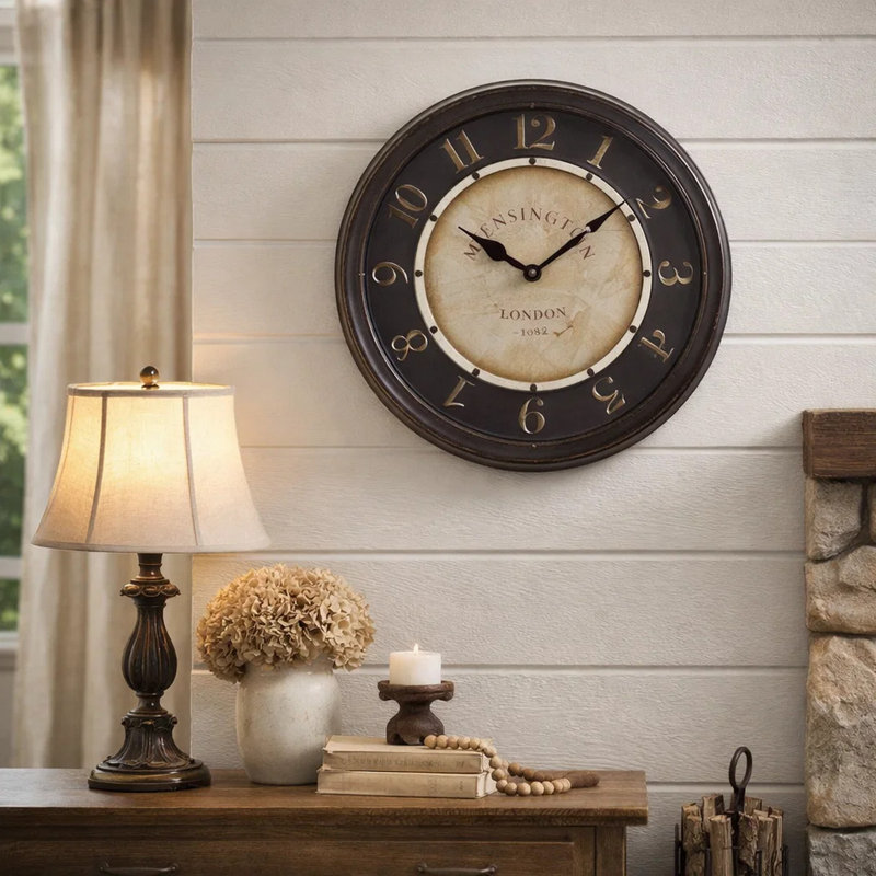 Horloge murale, ronde de 16 pouces en brun antique, fond de l'Ancien Monde