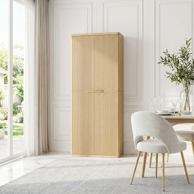 Tall Fluted Wood Pantry Cabinet with Doors and Shelves for Kitchen and Dining Room Storage, Freestanding Cupboard Organizer with Multiple Shelves and by Latitude Run
