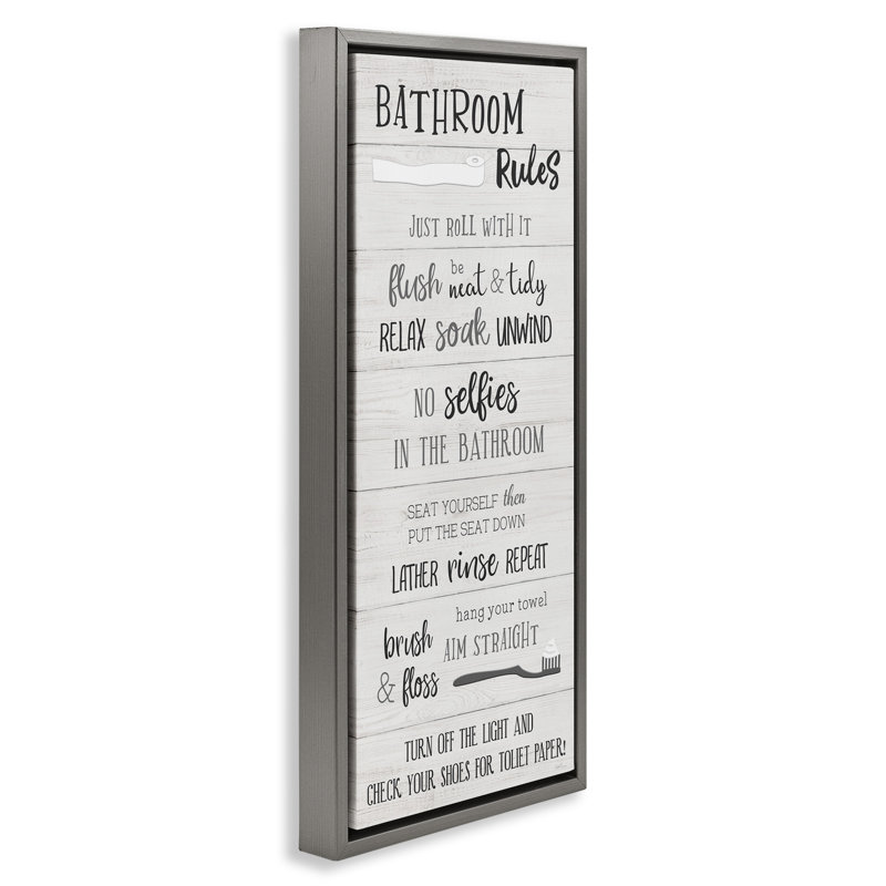 «Fun Bathroom Rules», art mural encadré sur toile flottante par Natalie Carpentieri, H 31 po x l 15 po