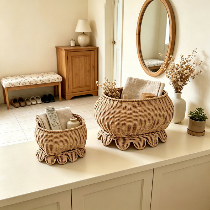 Ensemble de 2 paniers de rangement en rotin avec couvercles, ensemble de rangement tissé à la main pour la maison, le bureau et la salle de bain