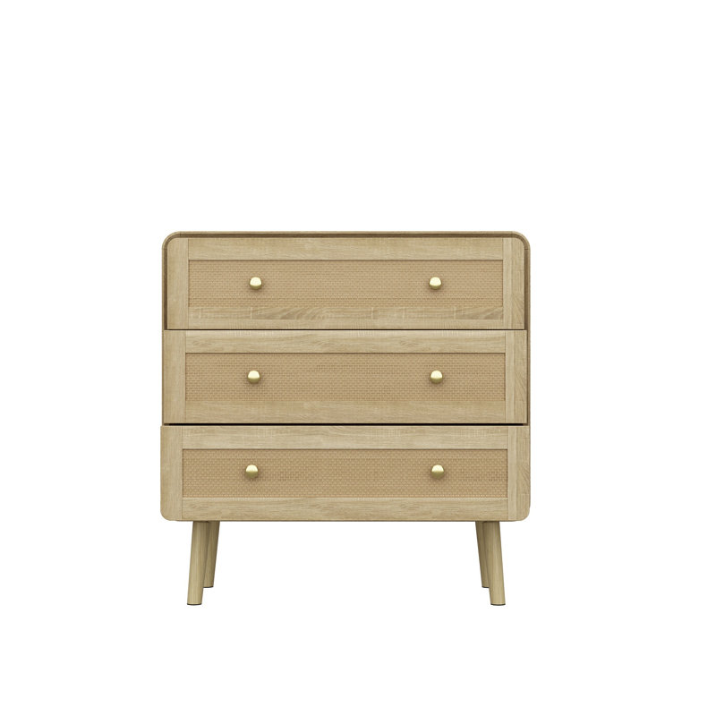 Mid-Century Modern Accent Chest With Rattan Detailing And Rubberwood Frame, 3 Drawers Storage Cabinet
