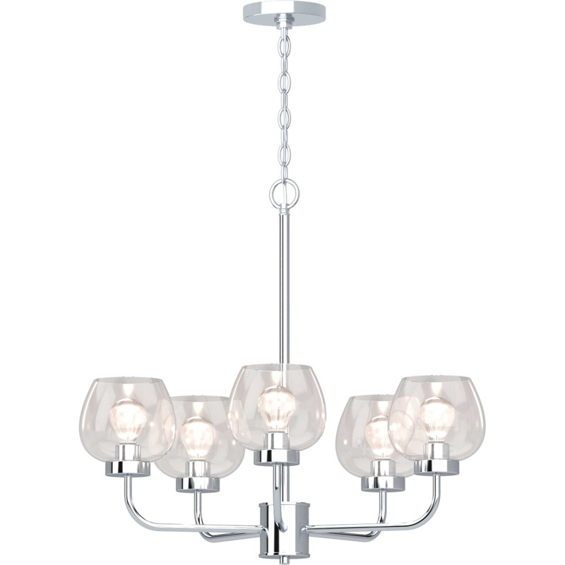  Lustre traditionnel / classique en nickel poli 5 lumières avec abat-jour en verre transparent