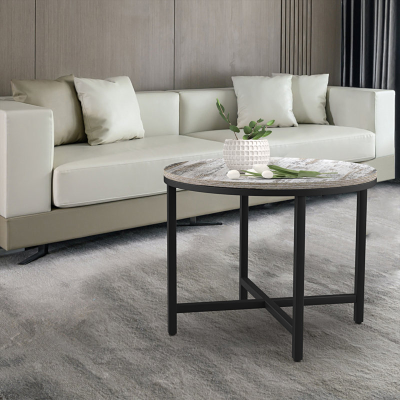 24-Inch Round Wood Coffee Table with Black Metal X-Base