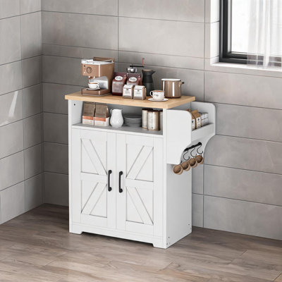 Farmhouse Coffee Bar Cabinet & Sideboard, Kitchen Storage Floating Shelf & Hooks, White & Natural