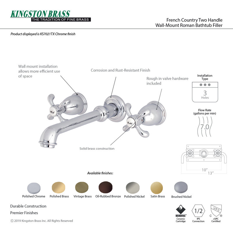 Kingston Brass French Country Two-Handle 3-Hole Wall Mount Roman Tub Faucet, Polished Brass
