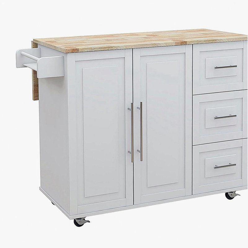 Étagère à épices, porte-serviettes et table en bois massif extensible - Îlot de cuisine blanc, Blanc