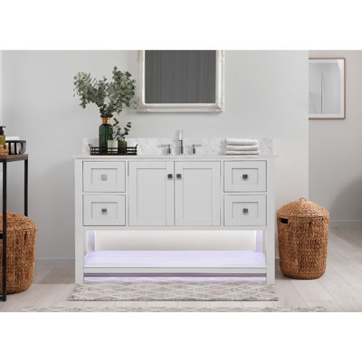Akaysha 48" 2-Door 4-Drawer Vanity Set with Quartz Top, Soft-Close Doors & Drawers, Ceramic Sink & Backsplash, LED Lights-White