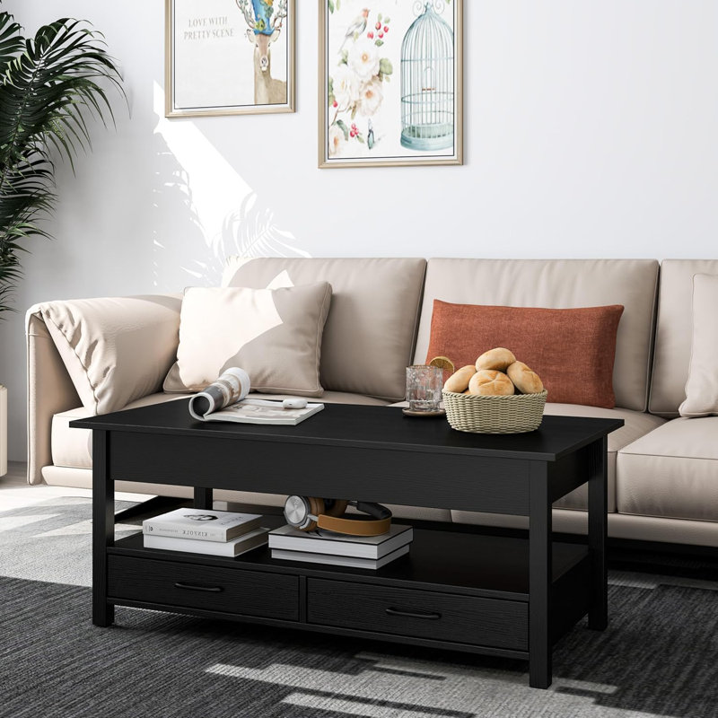 Coffee Table, Lift Top Coffee Table with Hidden Compartment, 2 Drawers and 1 Open Shelf