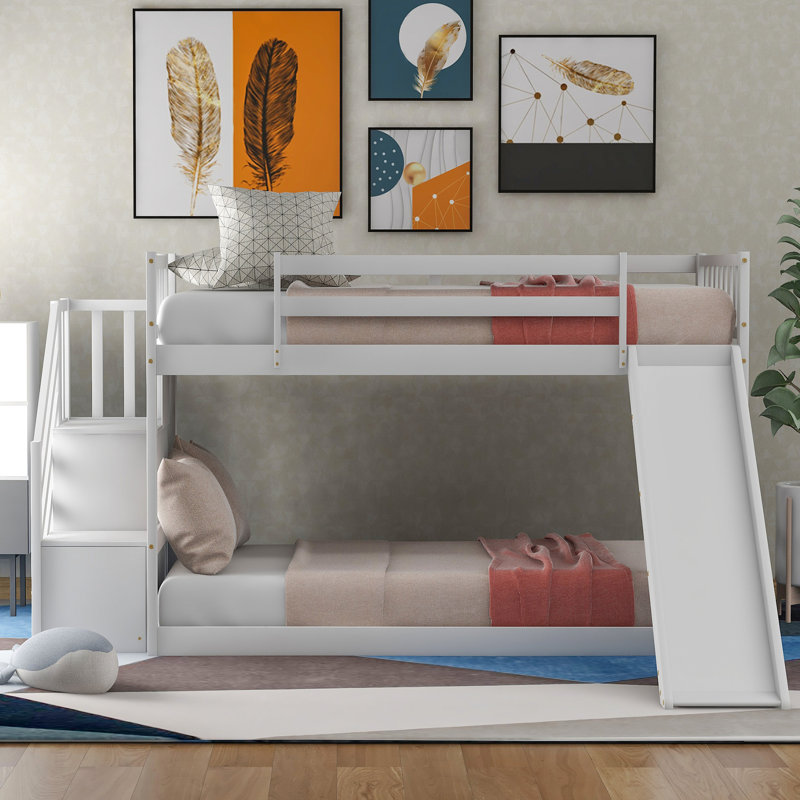 Lit simple au-dessus d'un lit superposé blanc avec glissade et escalier - Bois compact de qualité et peu encombrant, Blanc