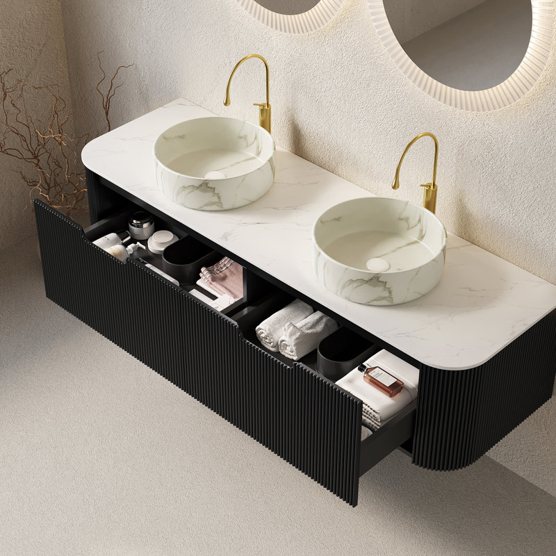 Meuble-lavabo moderne et spacieux avec rangement, lavabos en céramique, conception noire élégante pour la salle de bain