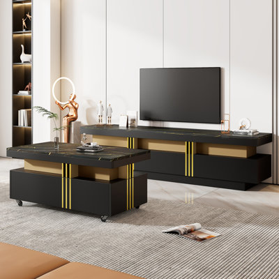 Ensemble de meuble télé et table basse de luxe moderne 2 pièces, plateau en faux marbre ultrabrillant, meuble télé pour téléviseur de 78 po ou moins, table basse rectangulaire avec roulettes pour le salon
