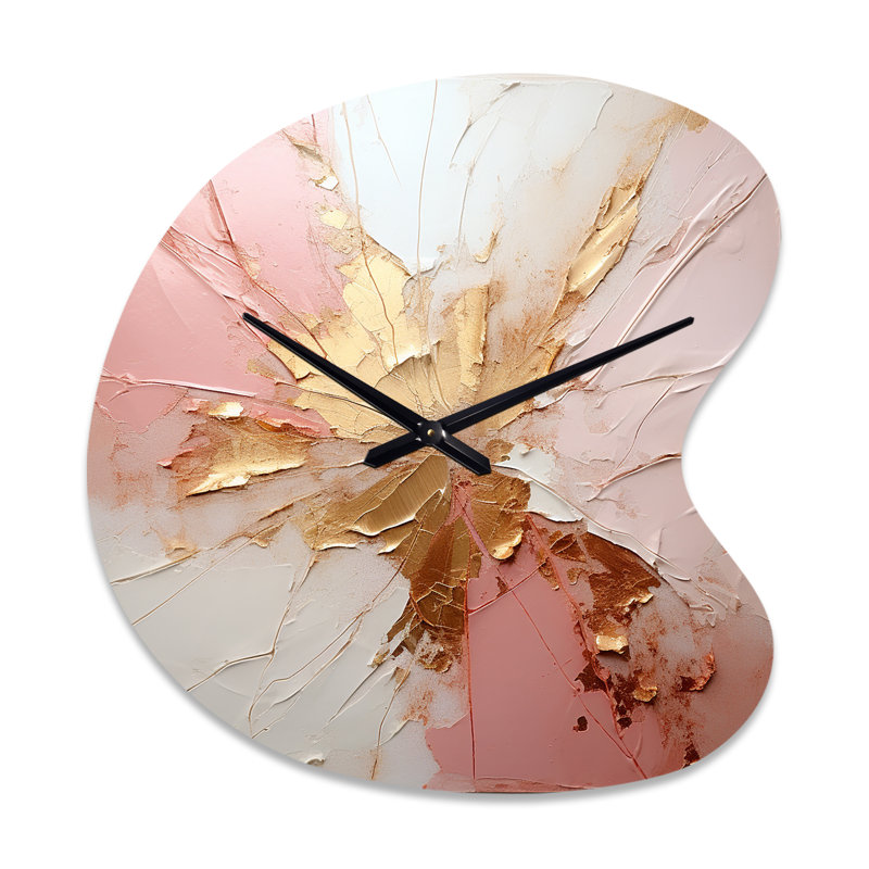 Or et rose, peinture fusion - peinture abstraite, horloge asymétrique en métal, forme unique de l'horloge beige, Petit
