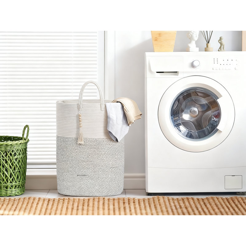 Woven Laundry Basket With Wooden Bead Tassel, Large Capacity Foldable Storage Hamper For Clothes, Toys, And Blankets, Breathable Cotton For Bedroom And Nursery Organization