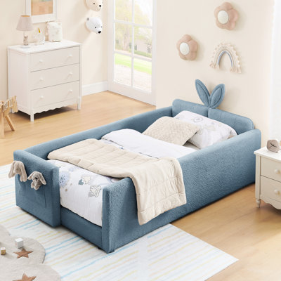 Twin Size Boucle Upholstered Bed With Rabbit Ear Design, Rail, And Storage, Sky Blue In Bedroom Use Shaped Headboard, Upholstery, Pocket For Space