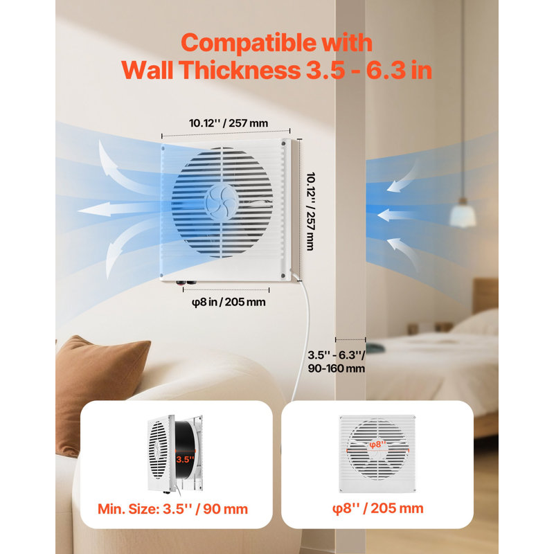 Ventilateur d'une pièce à l'autre de 7,5 pouces, ventilateur mural avec moteur à courant alternatif et vent réglable bidirectionnel, ventilation silencieuse de 180 pi³ / min pour la cuisine, le salon et la salle de lavage, atelier