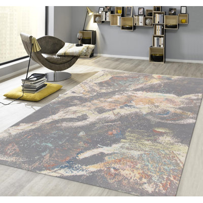 Tapis gris / crème abstrait noué à la main