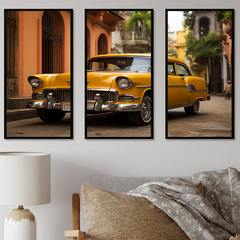 «Yellow Cuban Car Heritage - Cuba», ensemble d'art sur toile, Cadre flottant noir, H 28 po x l 36 po x P 1 po