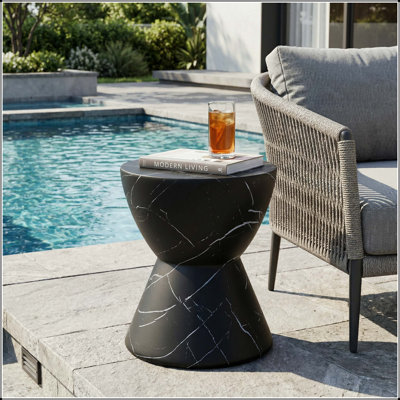 Outdoor Lightweight Concrete Hourglass Side Table with Black Marble Finish – No Assembly