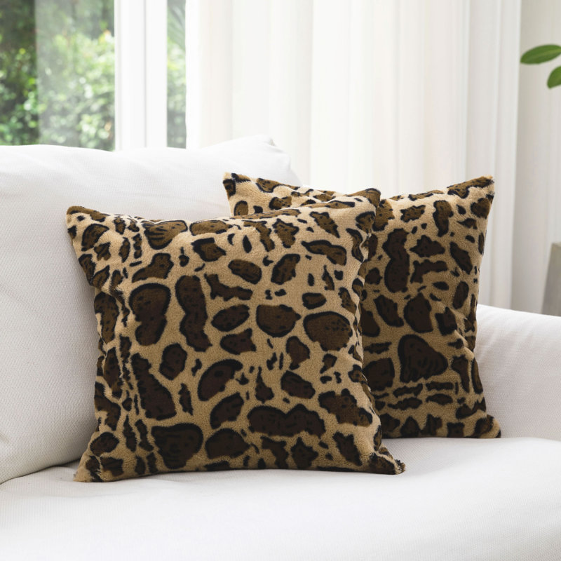 Set of 2 Brown Leopard Print Faux Fur Throw Pillows