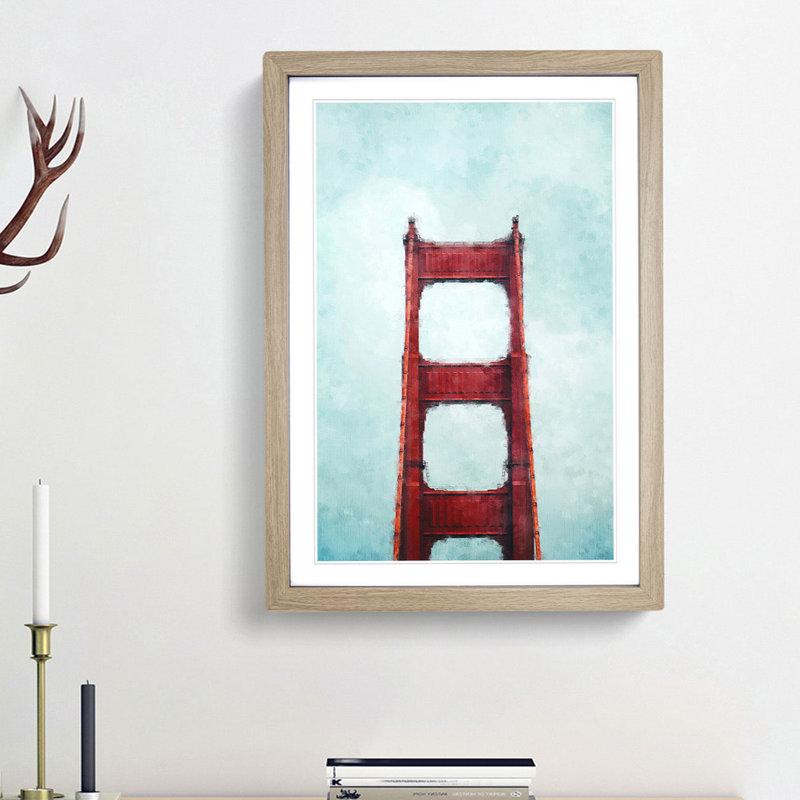 The Top of the Golden Gate Bridge - Picture Frame Painting Print, Oak Framed, 33cm H x 24cm W x 2cm D