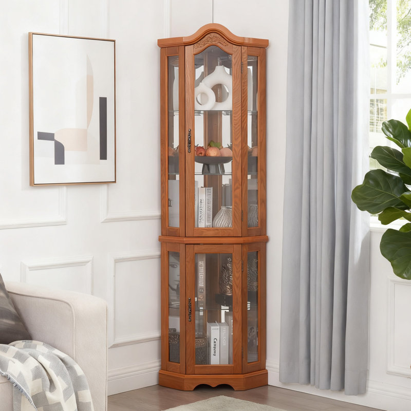 Armoire vitrée d'angle éclairée avec portes et tablettes en verre trempé chêne