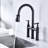Matte Black Bridge Kitchen Faucet With Pull-Down Functionality - Dual Handle For Precise Flow And Temperature Adjustment 360 Rotating High Nozzle Enhanced Sink Space Quality Brass Material Durability